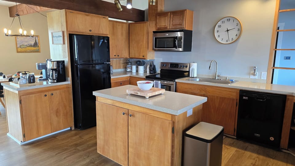 Large, fully stocked kitchen with electric stove, microwave, dishwasher