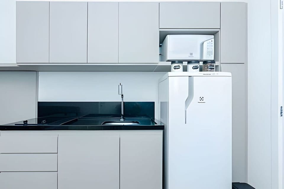 Cozinha - Pia, armários, geladeira, micro-ondas, temperos e cooktop indução.