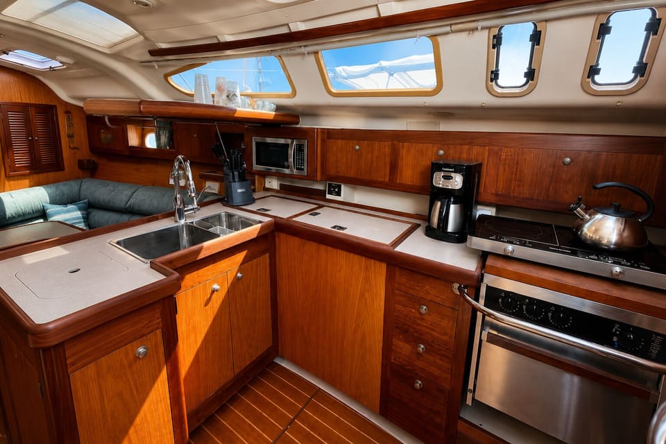 Galley with gas stove, oven, and full-size fridge below deck
