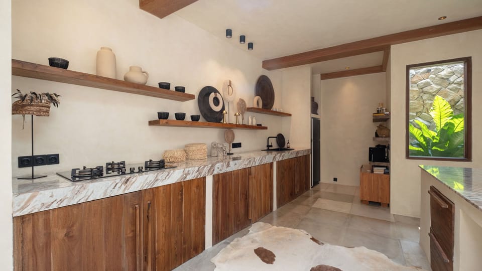 Villa, Pool View | Private kitchen | Fridge, microwave, stovetop, coffee/tea maker