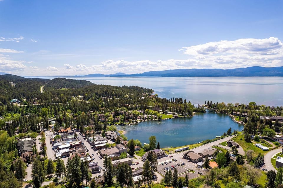 Flathead Lake and Bigfork Bay surrounded by the little village of Bigfork.