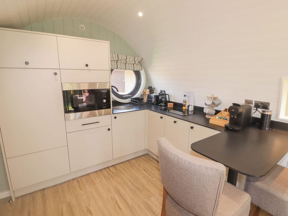 Fridge, microwave, toaster, cookware/dishes/utensils