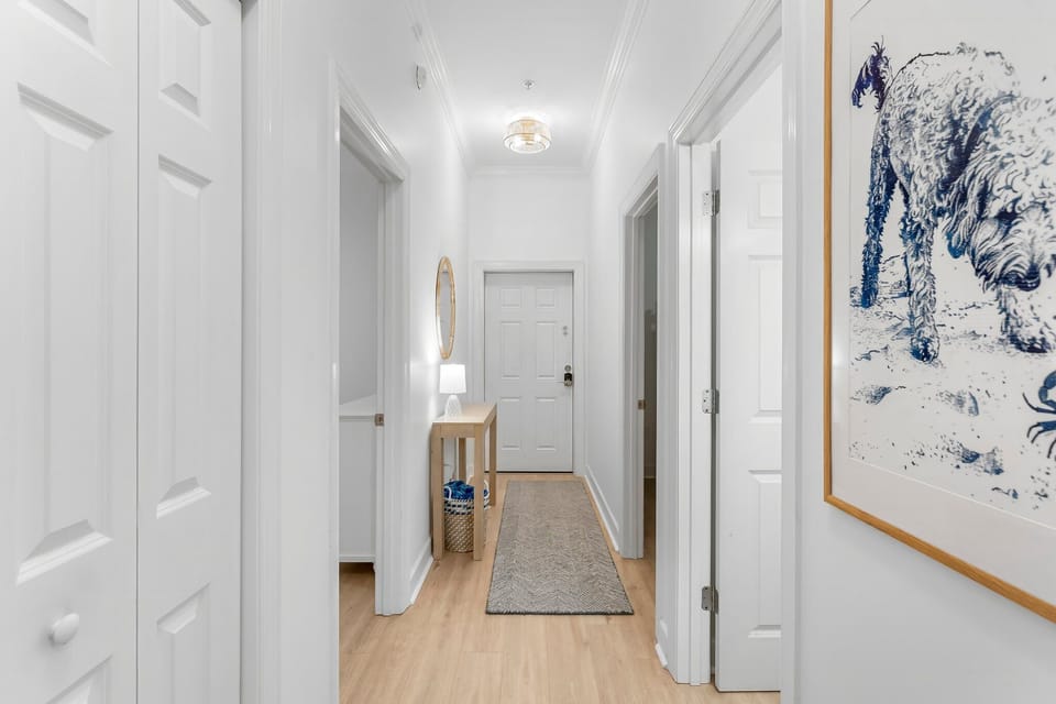 The laundry and pantry are found in the hallway. 