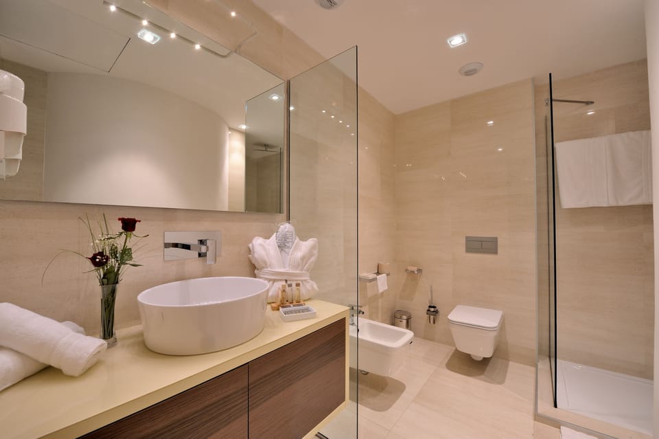 Shower, hydromassage showerhead, free toiletries, hair dryer