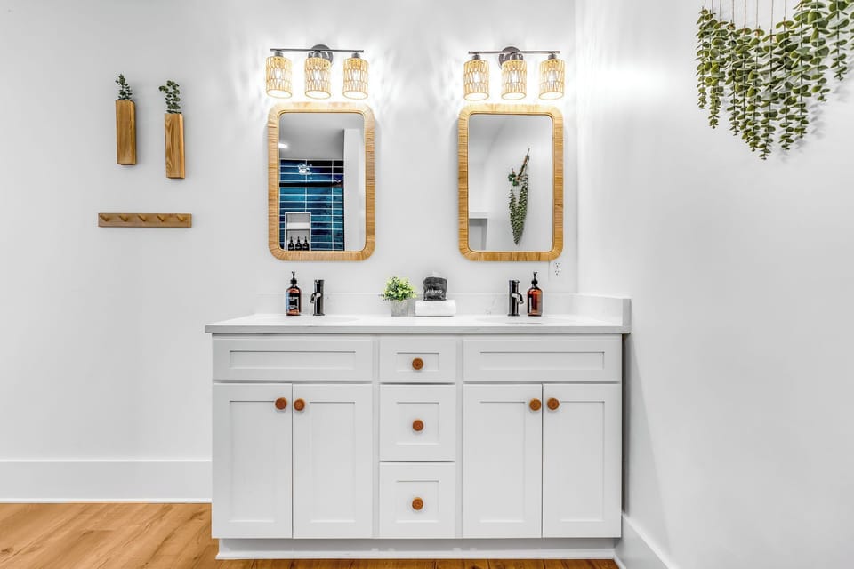 1st floor Private bathroom, double vanity w/ storage, soaps & towels provided.