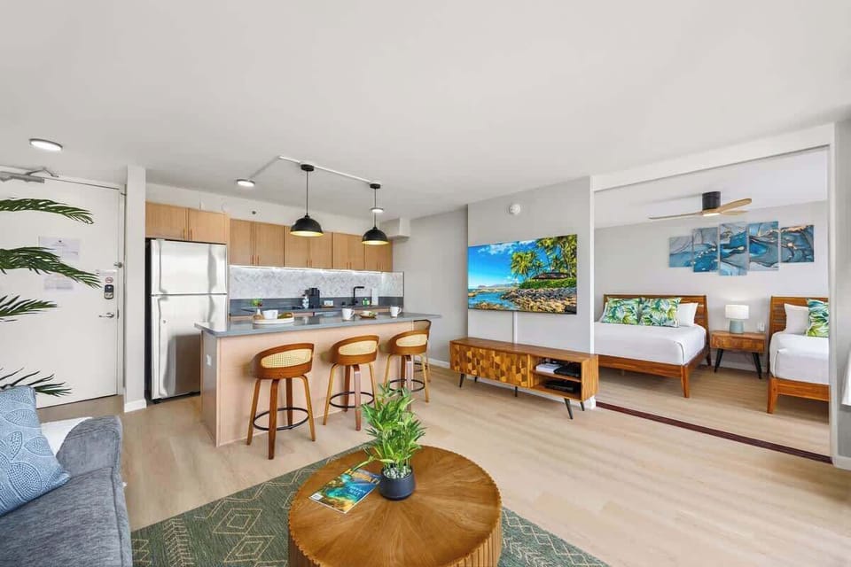 Overview of the living area, dining area, and kitchen