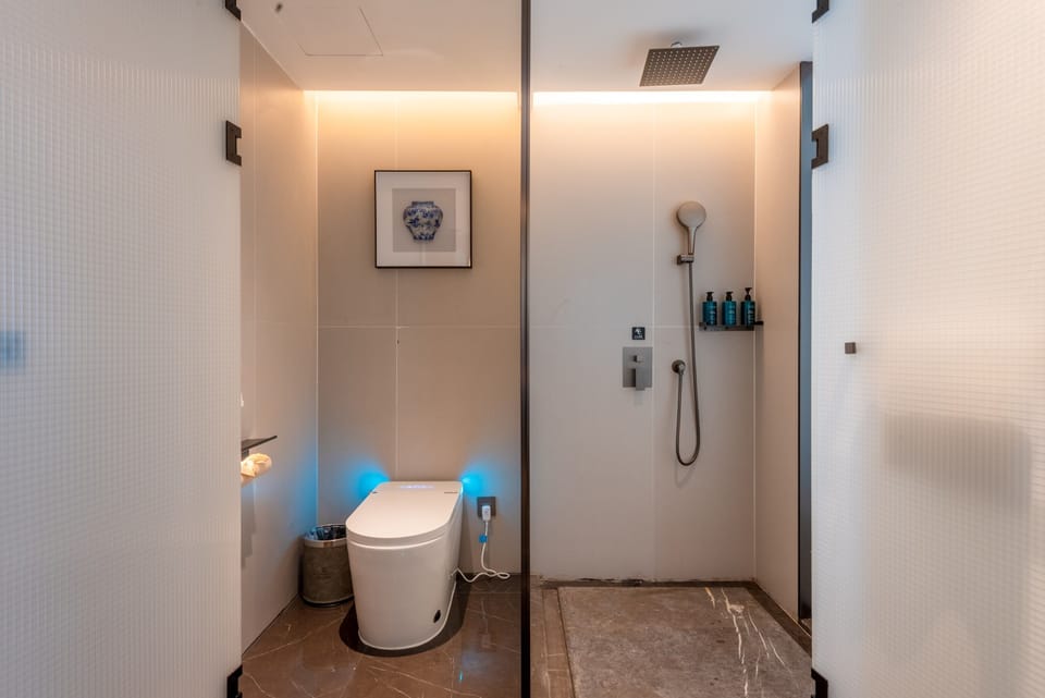 Hair dryer, slippers, towels, soap