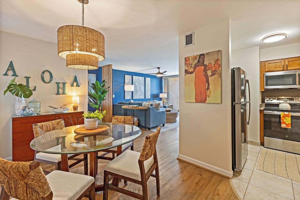 Dining space connected to the kitchen and living area