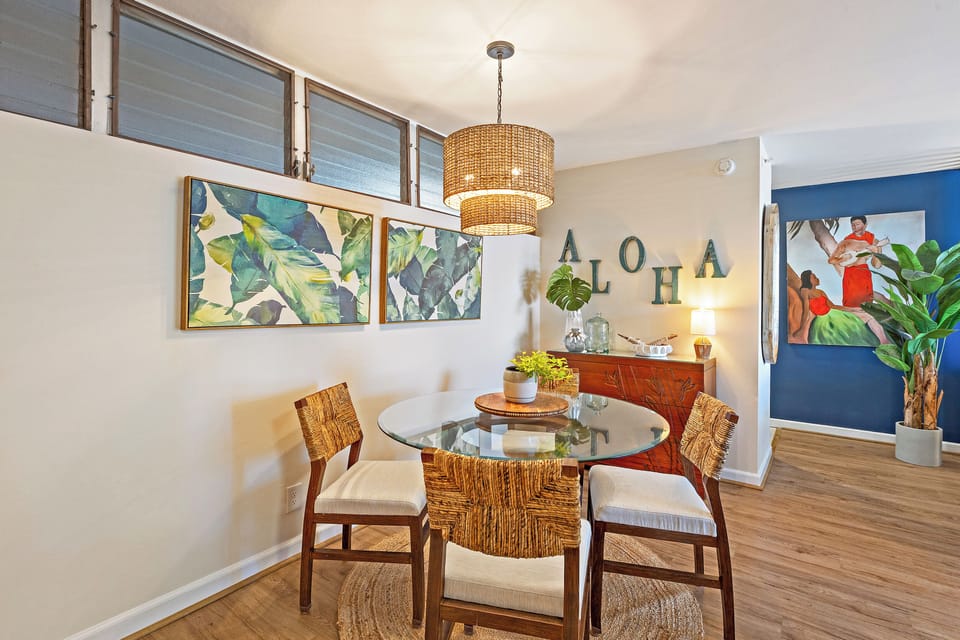 Dining area with a modern island vibe for meals after a long day of adventures.