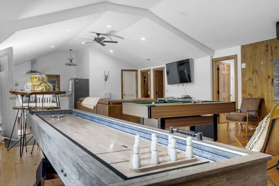 Close-up of the shuffleboard setup, one of several entertainment options available