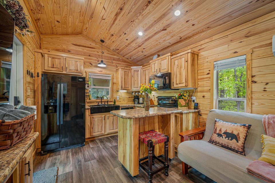 Kitchen island can be rolled out for dining area :)