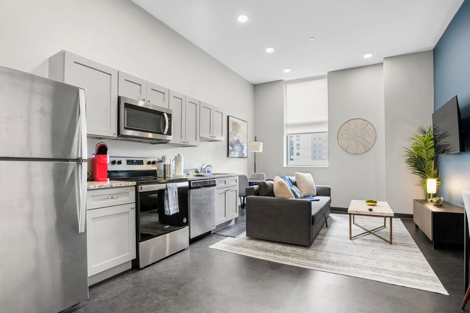 Deluxe Apartment, Non Smoking | Private kitchen | Full-size fridge, microwave, oven, stovetop