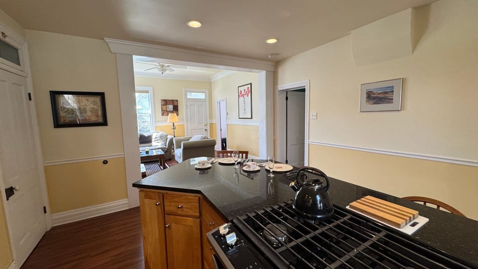 Kitchen, with view into the living room