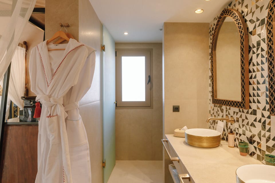 Shower, rainfall showerhead, hair dryer, bathrobes