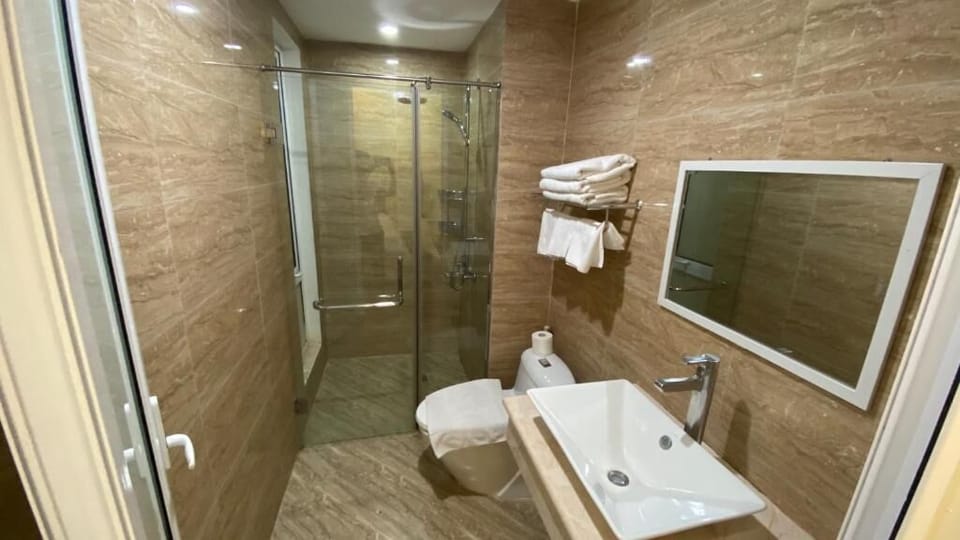 Rainfall showerhead, bathrobes, slippers, towels