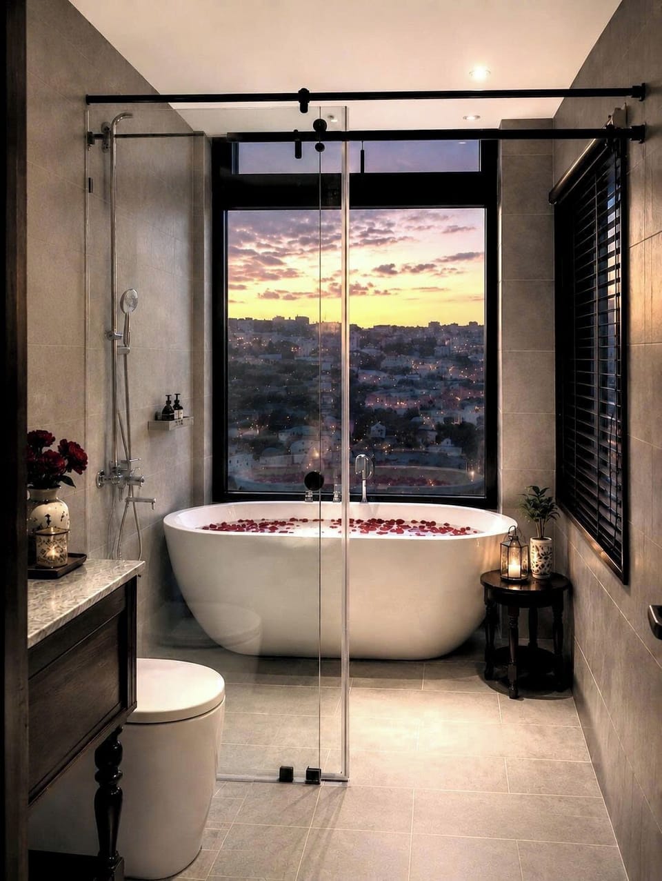 Shower, rainfall showerhead, designer toiletries, hair dryer