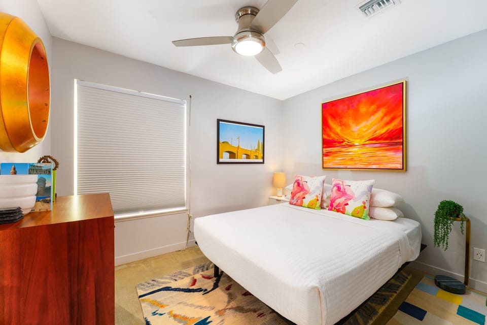 Guest bedroom features a Queen sized bed.