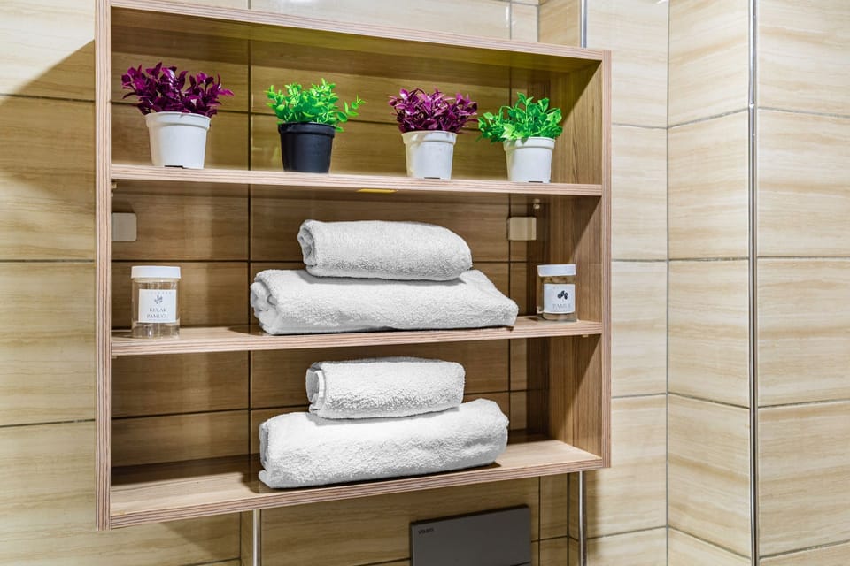 Shower, free toiletries, hair dryer, towels