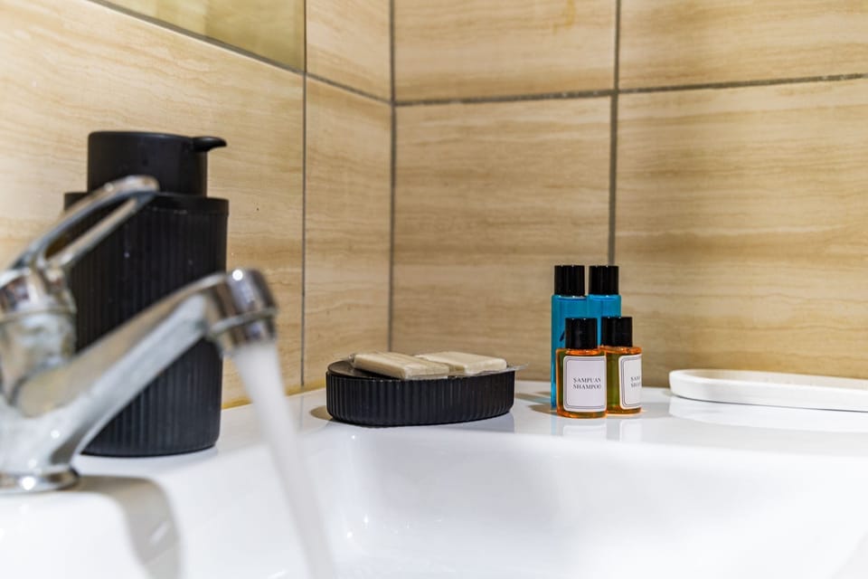 Shower, free toiletries, hair dryer, towels