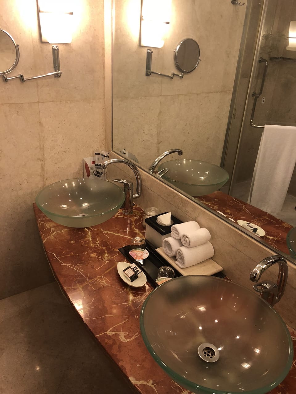 Shower, rainfall showerhead, designer toiletries, hair dryer