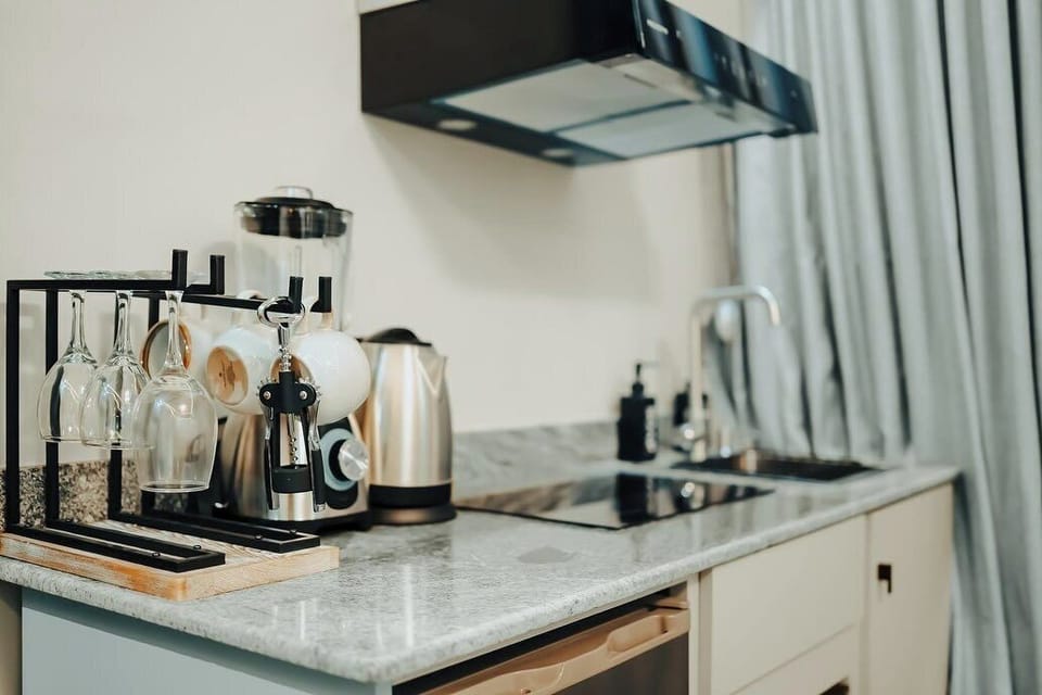 Family Apartment, Balcony, City View | Private kitchen | Fridge, microwave, oven, stovetop