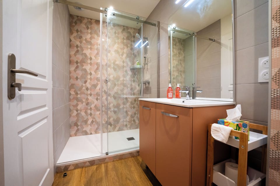 Hair dryer, towels, soap, shampoo