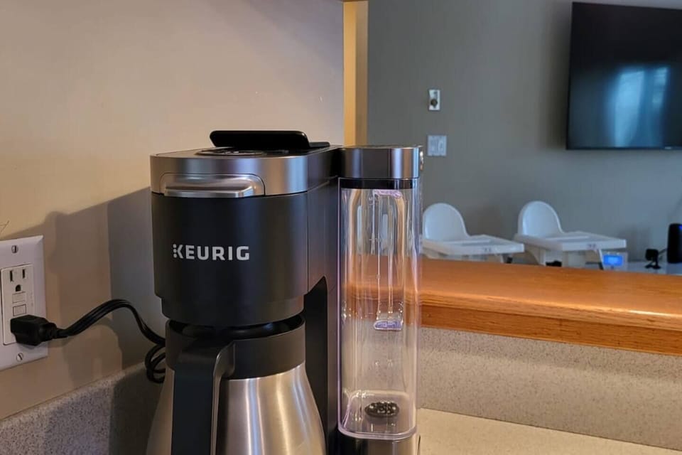 Coffee station with Keurig for easy morning brews.