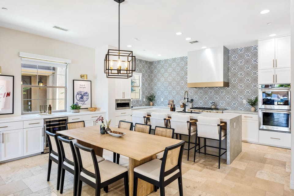 This dining area includes a long table that seats eight, so there's no need for anyone to miss out!