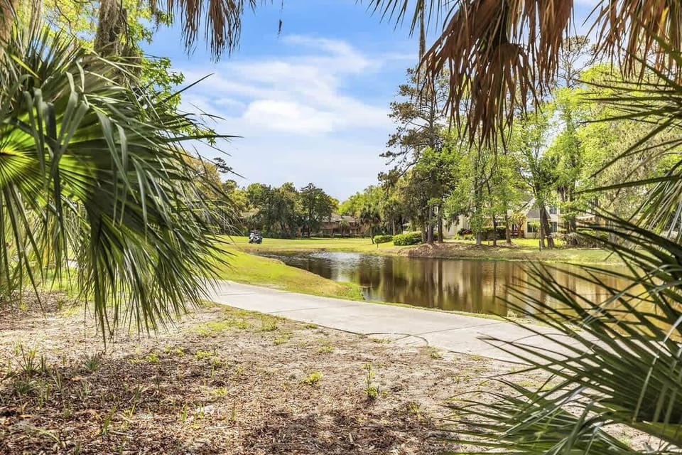 View of a peaceful golf course pond framed by palm trees and a walking path