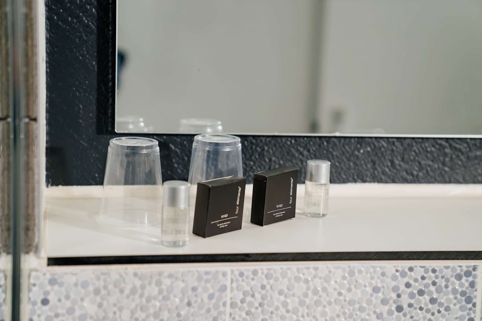 Shower, eco-friendly toiletries, hair dryer, towels