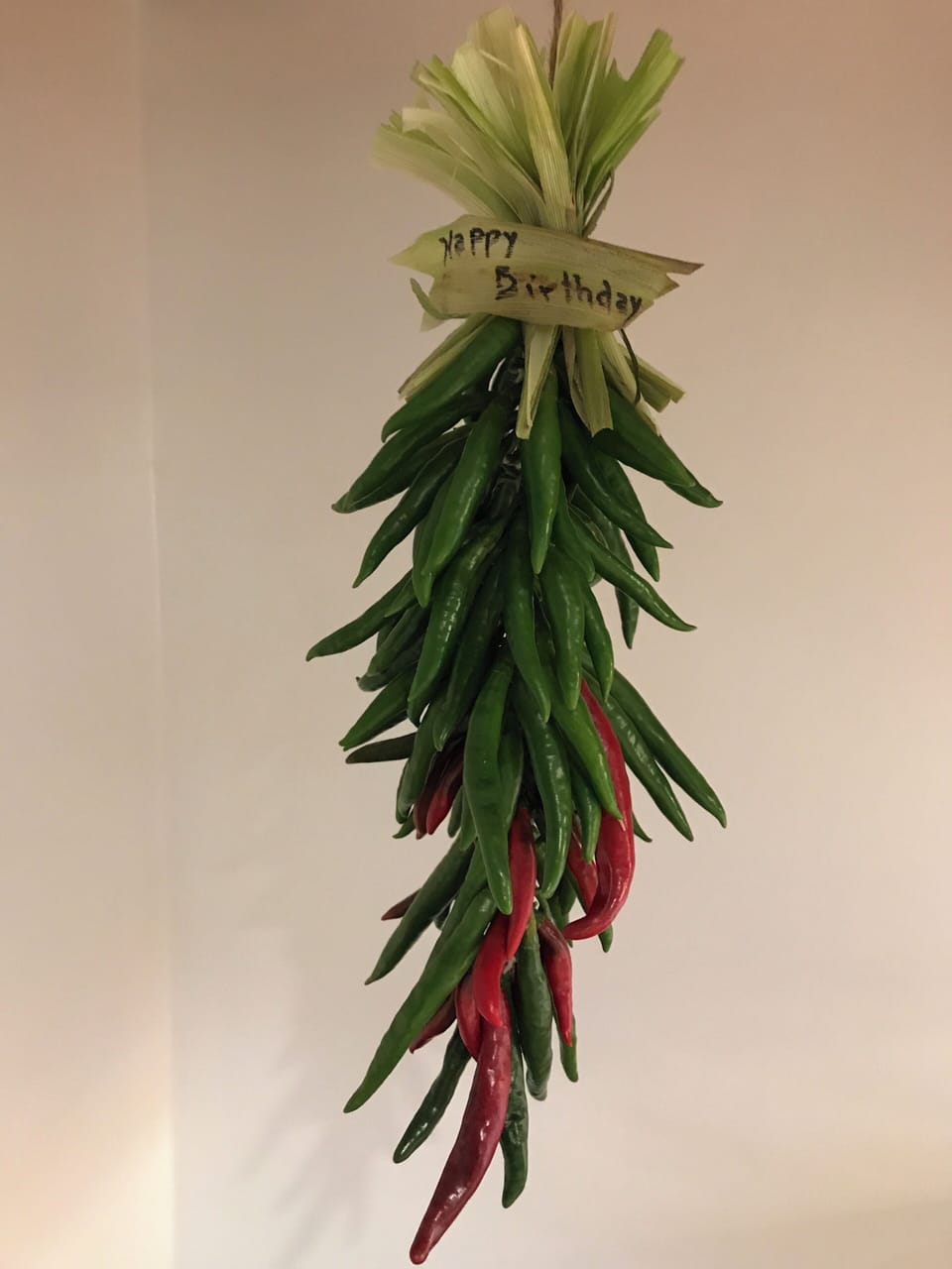 A ristra (string) of hot peppers from our vegetable garden.