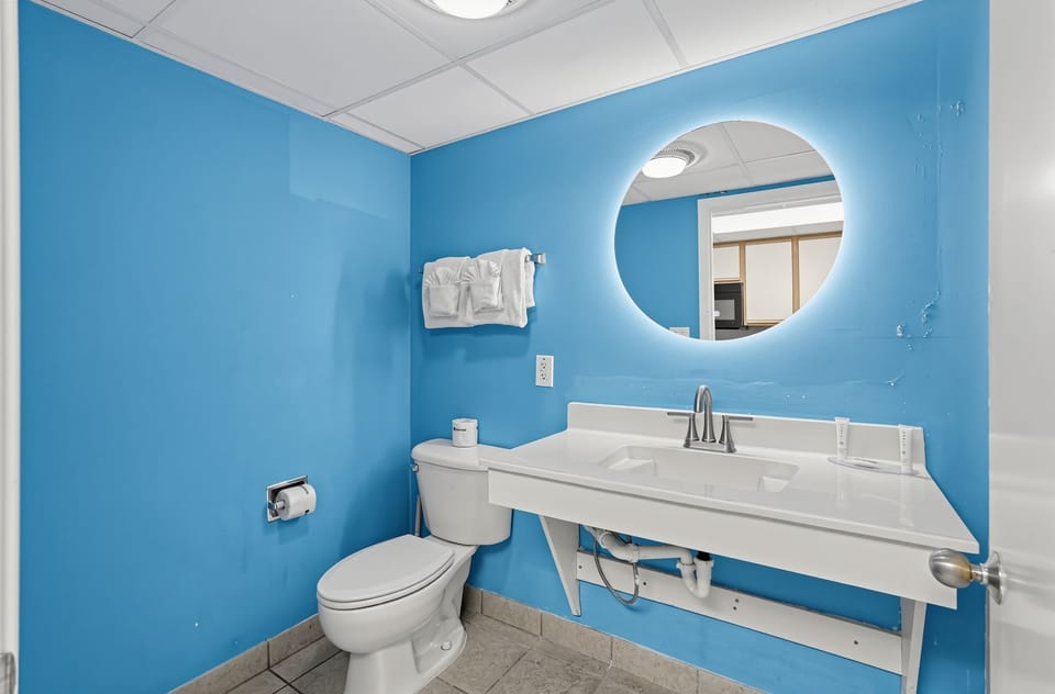 Bathroom with blue walls, sink, and toilet