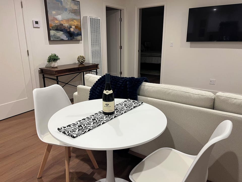 dining table, desk, smart TV 