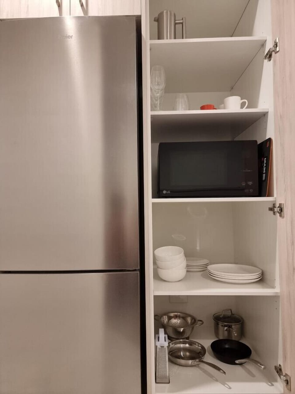 Fridge, microwave, cooking ware