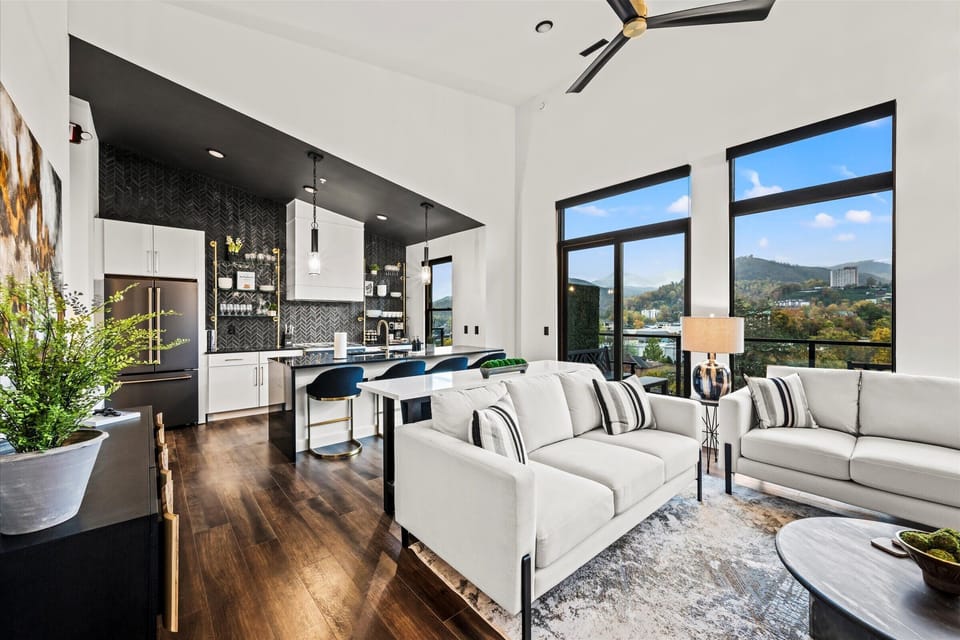 Elevated living room with incredible mountain view!