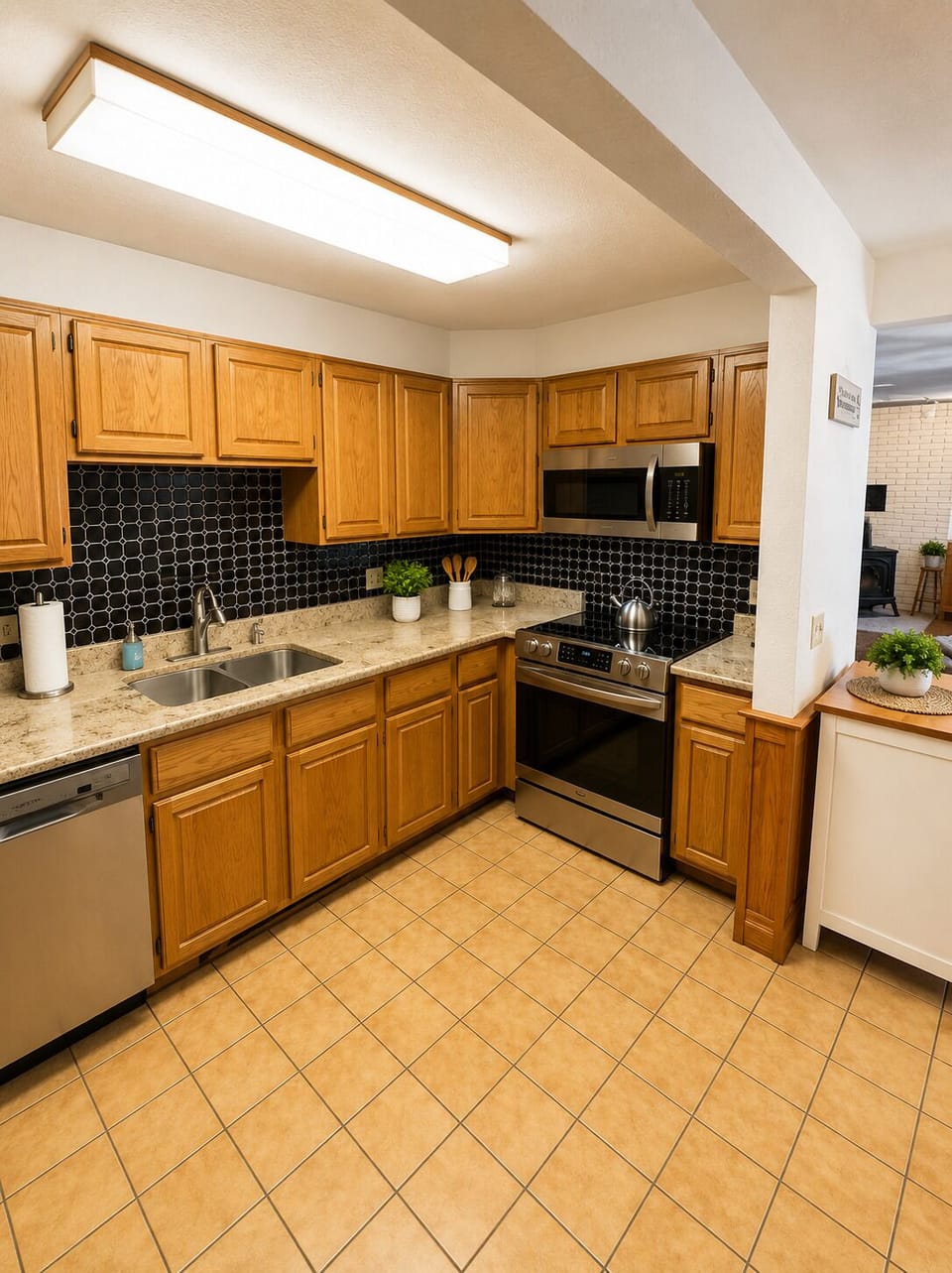 Bright kitchen with stainless appliances and warm wood cabinetry