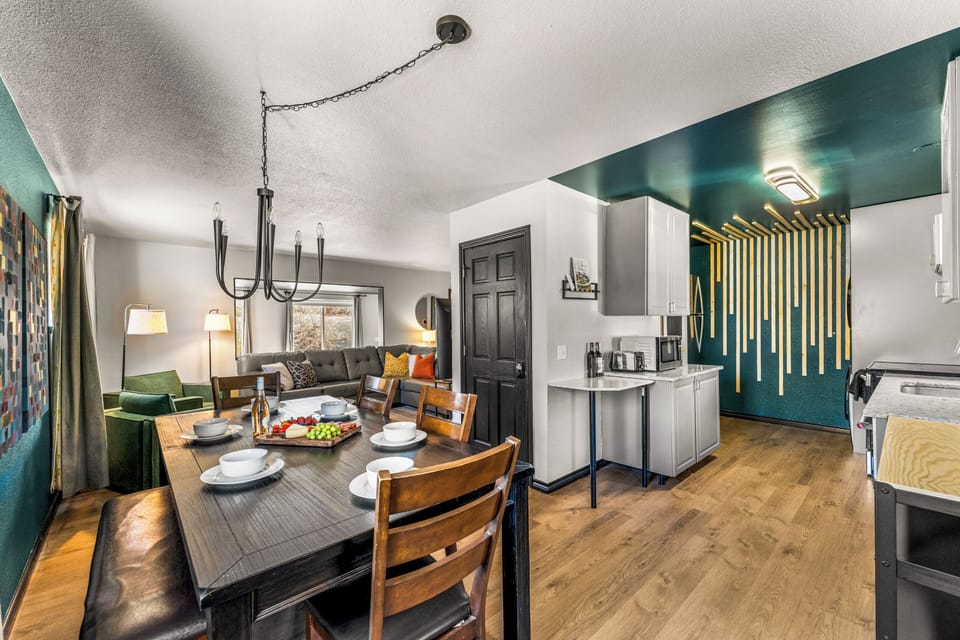 This open-concept living, kitchen, and dining area flows seamlessly.