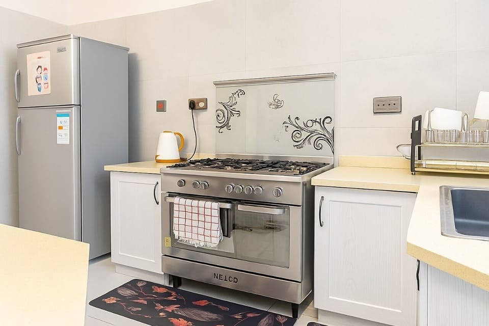 Deluxe Apartment, City View | Private kitchen | Full-size fridge, microwave, oven, stovetop