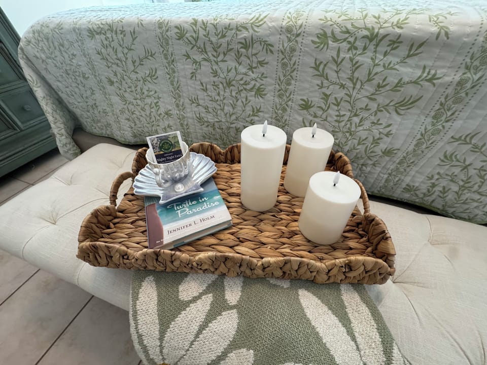 Bed tray with shell tea cup holding night relaxing decaf tea before sleep