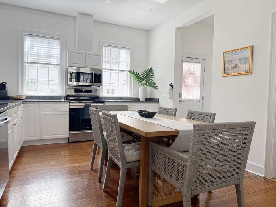 This dining room seats six comfortably. 
