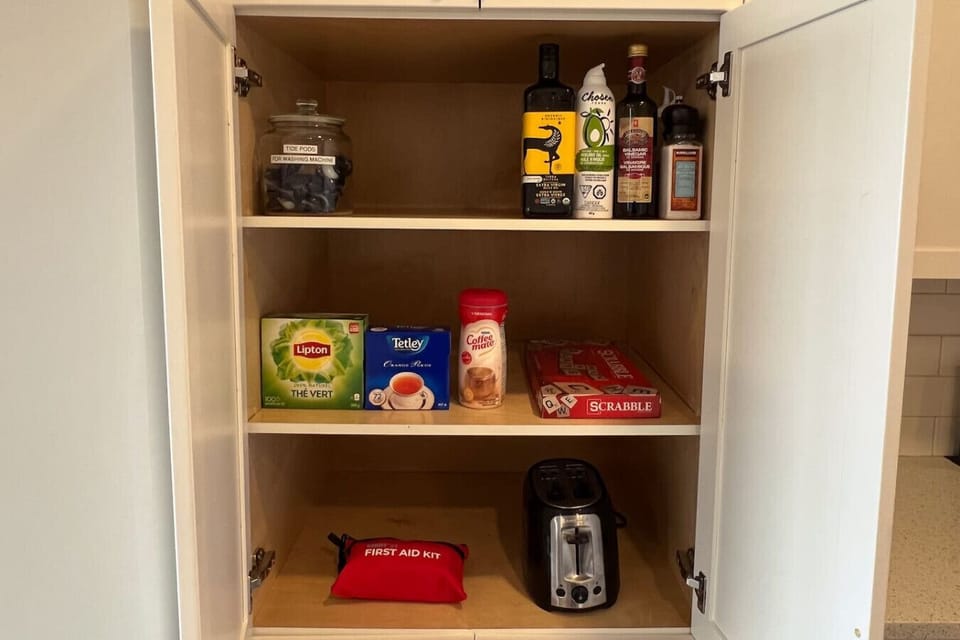 Complementary tea and cooking oil. First aid kit, toaster