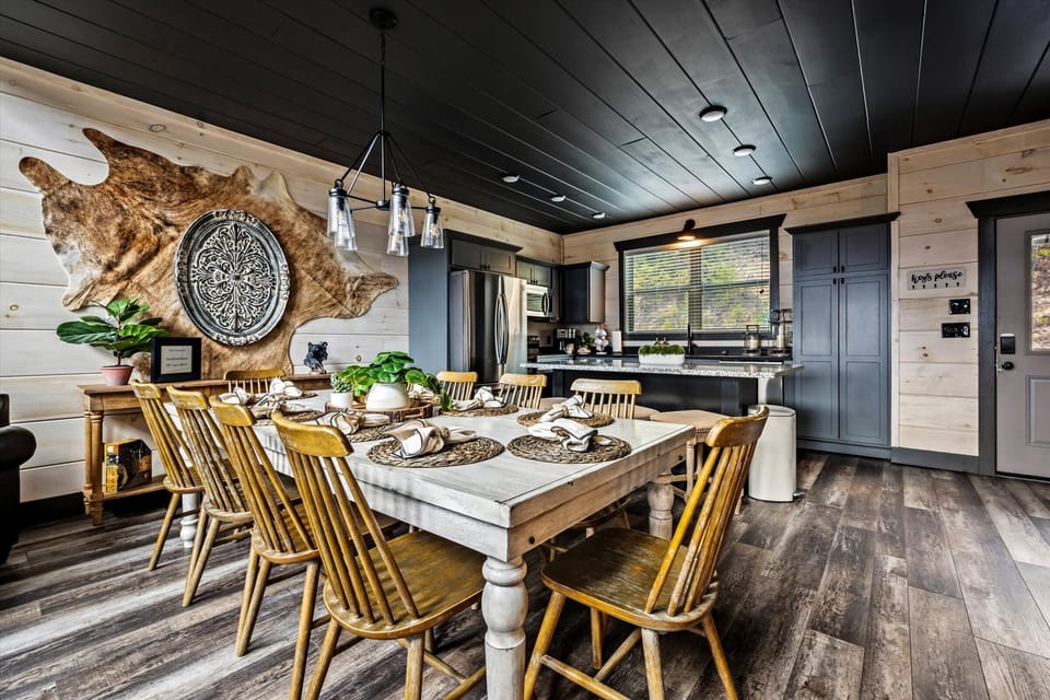 Bright dining room with scenic mountain views