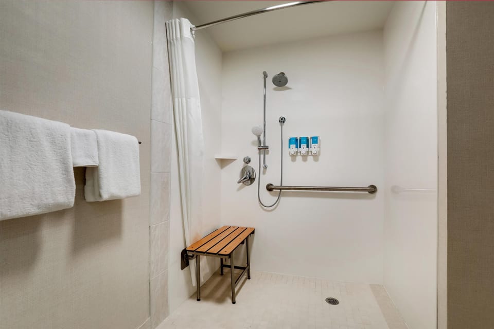 Combined shower/tub, free toiletries, hair dryer, towels