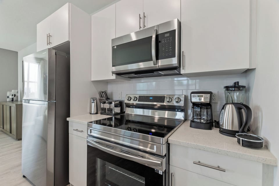 Modernized kitchen with stainless-steel appliances