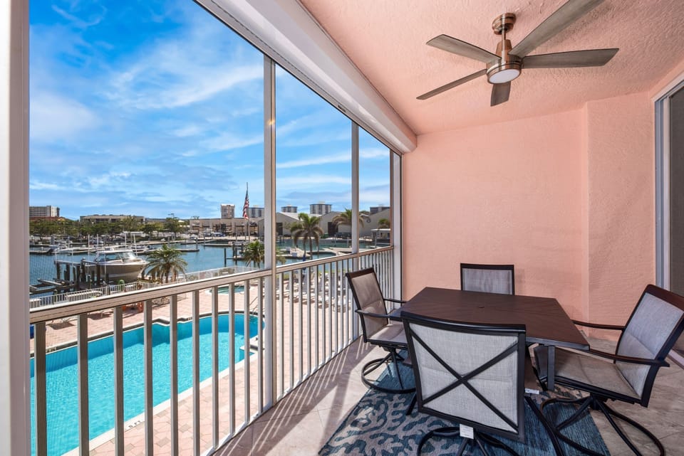 Balcony overlooking pool