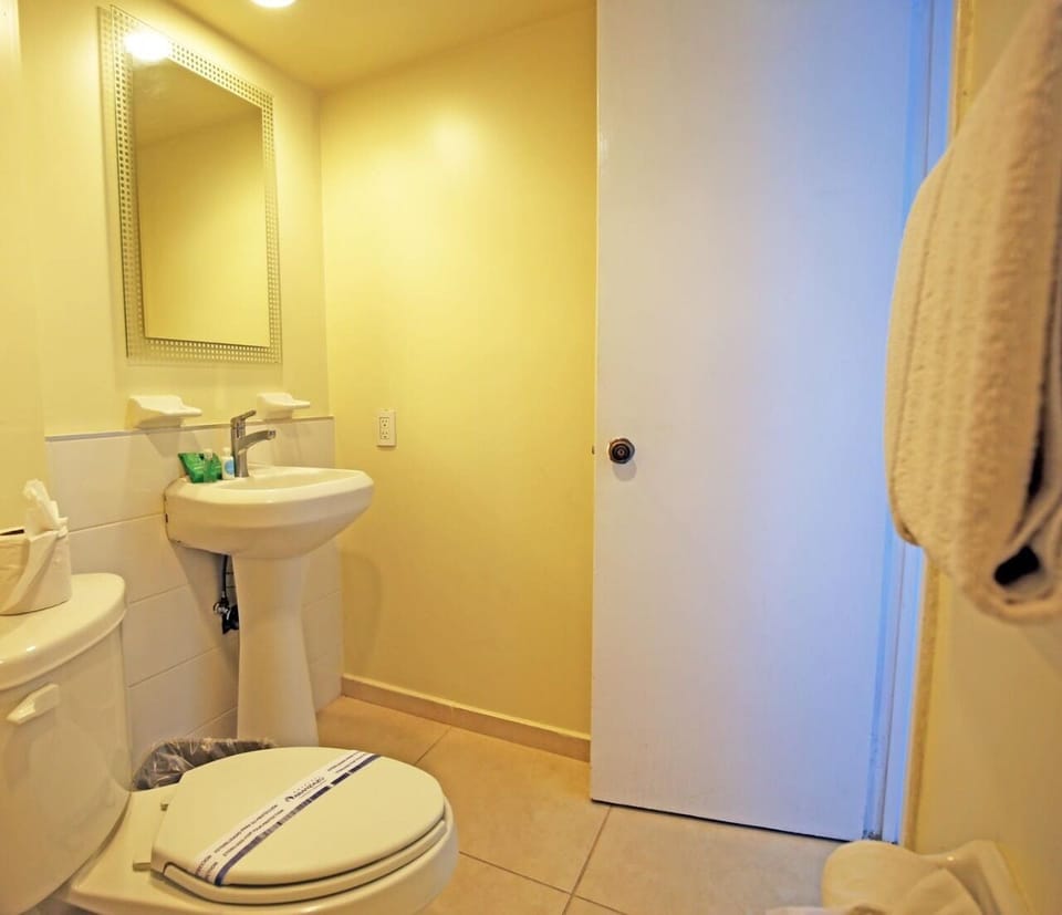 Shower, rainfall showerhead, free toiletries, towels
