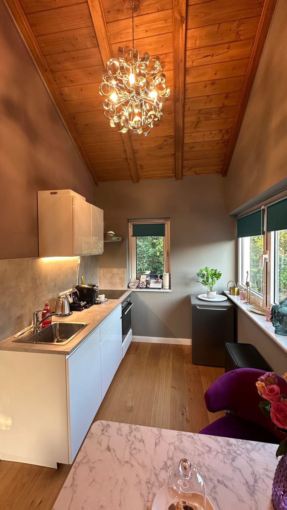 Superior Apartment, City View (Flamingo) | Private kitchen | Fridge, highchair