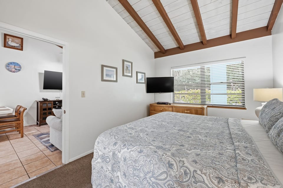 The bedroom provides a comfortable sleeping space with coordinating furnishings, a TV, and a bright, airy feel.