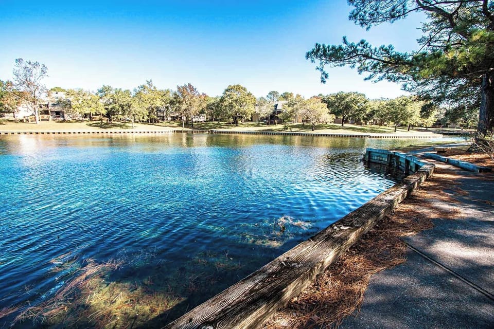 Enjoy picturesque views of the serene river, framed by lush greenery and a peaceful walking path, ideal for afternoon strolls.