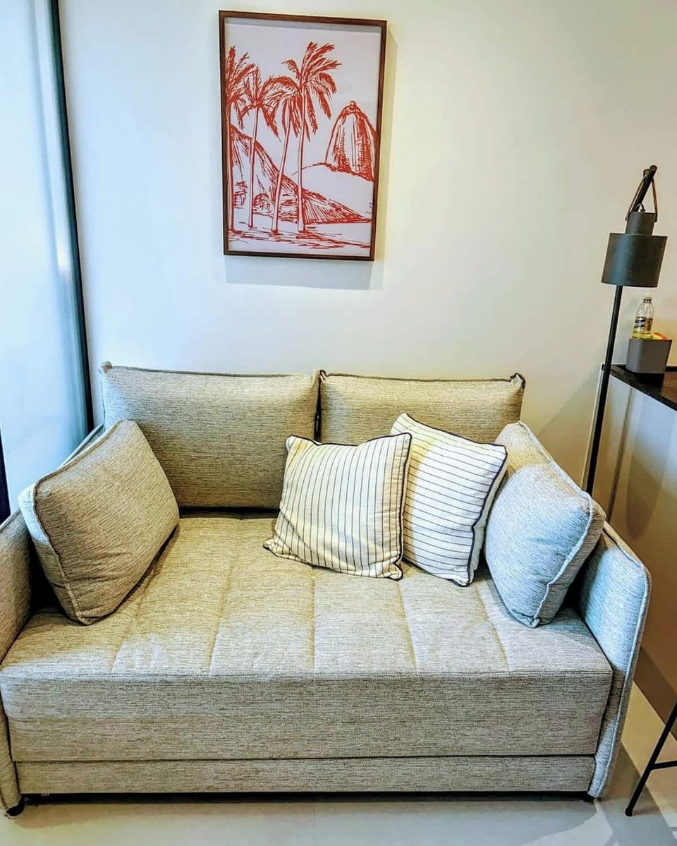 The sofa is comfortable for relaxing and wathcing TV. The lower cushions fold into a mattress. Extra pillows upon booking for 3 or 4 guests.